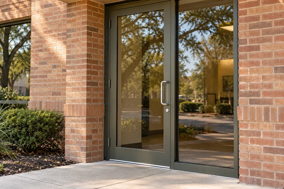 Representative simple glazed entrance in a modest brick storefront