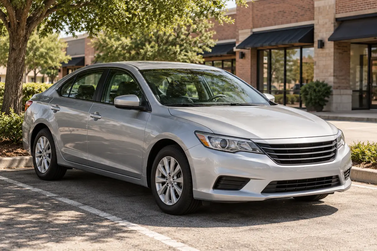 Representative parked sedan beside a low brick shopping strip