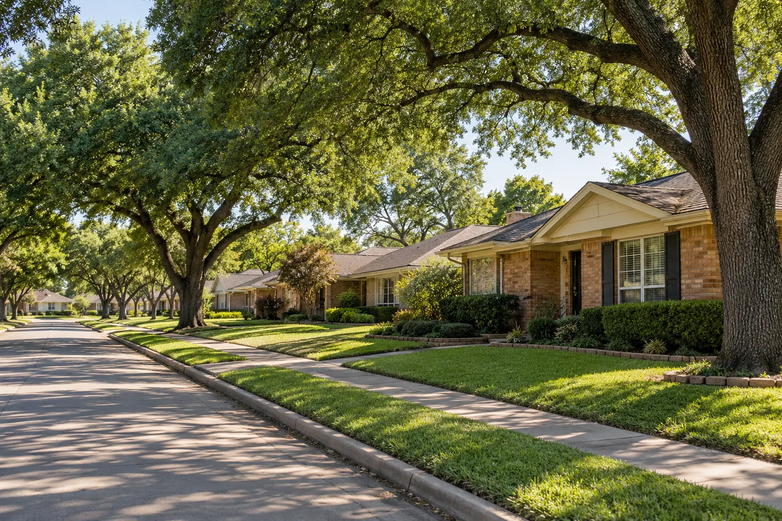 Representative tree-lined Texas residential street with brick homes