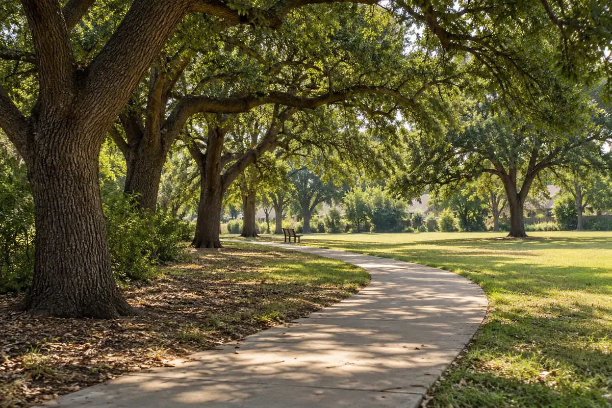 Representative shaded suburban park path beneath mature trees