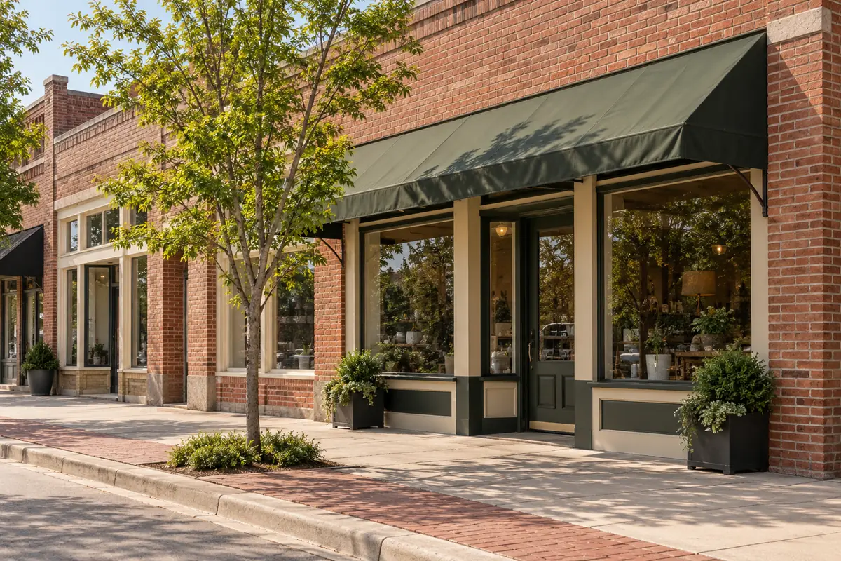 Representative North Texas neighborhood street with low brick storefronts
